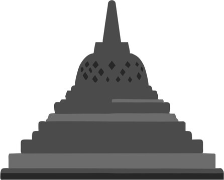 Borobudur Temple Silhouette, Ancient Indonesian Buddhist Monument, Flat Vector Illustration