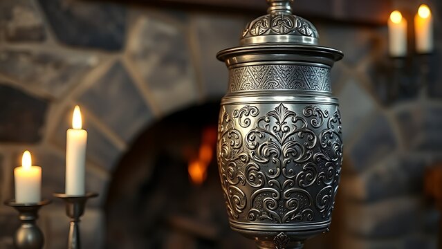 flagon. A medieval silver wine flagon with intricate carvings, illuminated by candlelight against a stone fireplace. bar promotions.
