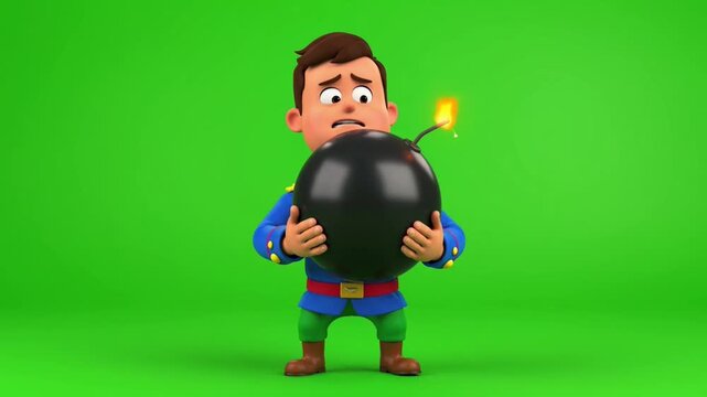 Anxious 3D cartoon man in uniform panicking while holding a dangerous lit bomb, a whimsical character facing an explosive dilemma