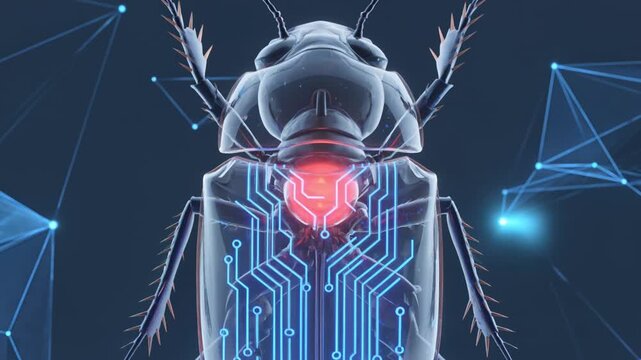 Digital Beetle: An artistic depiction of a beetle integrated with technology, with glowing circuits and a futuristic aesthetic. ..Created with Generative AI, not depicting real subjects.
