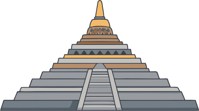 Borobudur Temple Outline Sketch, Indonesian Buddhist Monument Landmark, Vector Illustration