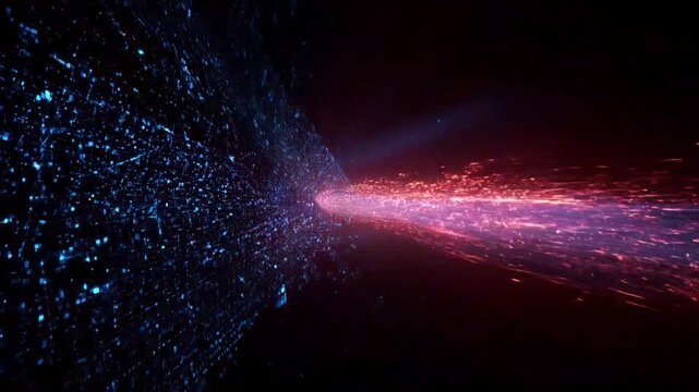 A dynamic abstract composition of interconnected points of light, in deep space. with the contrast of two colors, red and blue. ..Created with Generative AI, not depicting real subjects.