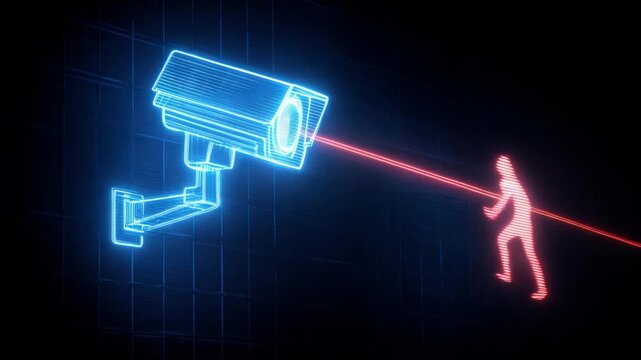 Surveillance camera targets the person, security concept. ..Created with Generative AI, not depicting real subjects.