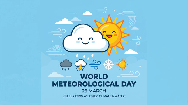 World meteorological day illustration with smiling sun and cloud weather icons celebrating climate and water on march 23rd