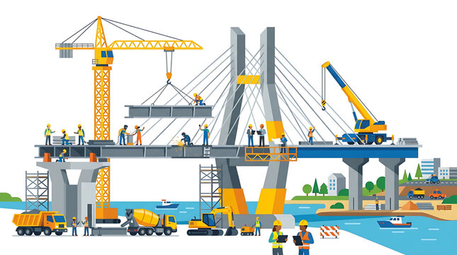 Vibrant illustration of a modern bridge construction project, showing engineering teams, heavy machinery, and workers building crucial urban infrastructure over water