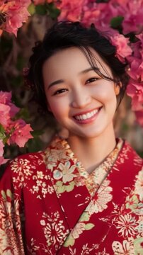 A Joyful Portrait of a Young Woman Dressed in a Vibrant Kimono, Surrounded by Lush Pink Bougainvillea Flowers, Radiating Happiness and Cultural Beauty