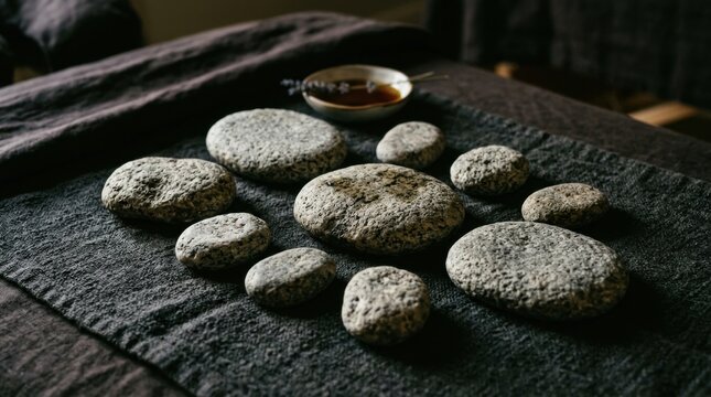 Collection of gray granite massage stones with rough pitted texture arranged on a dark charcoal linen cloth with a ceramic bowl of essential oils and lavender sprig in the background.