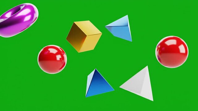 Abstract geometric shapes in vibrant colors float against a green backdrop.