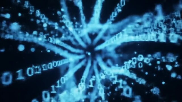 Abstract visualization of binary code streams flowing through a digital network.