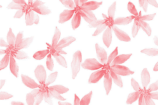Delicate pink watercolor flowers scattered on a clean white background in a gentle flowing pattern