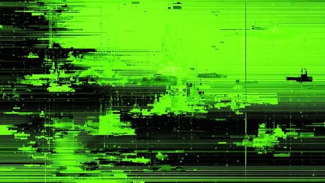 Abstract green digital glitch effect with dark elements and a small boat silhouette.