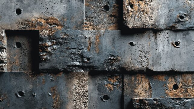 Textured, close-up photograph of weathered, layered concrete blocks with circular perforations