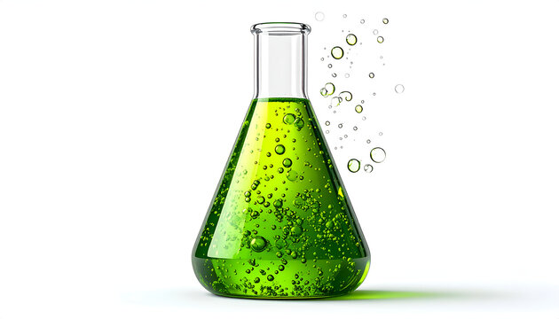 Green Liquid Bubbling in Erlenmeyer Flask with Bubbles Rising.