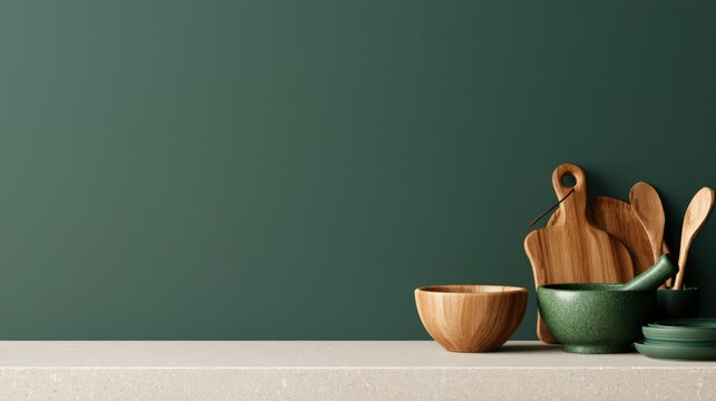 Minimal kitchen with sustainable items and empty space for text, sstkgreen