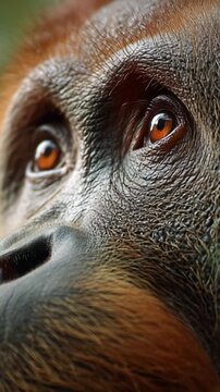 A Close-Up Look at the Mesmerizing Expression of an Orangutan, Capturing Every Intricate Detail of Its Features and Engaging Gaze