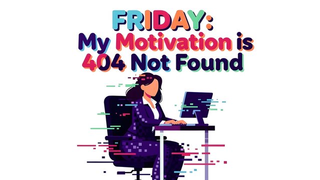 A businesswoman sits at a desk with a laptop and monitor on a white background with a humorous 404 error message, funny Friday