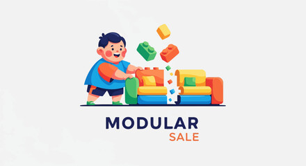 Fototapeta premium Happy child playing with building blocks in halftone dot style
