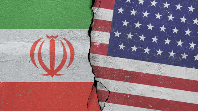 flag of United States of America and flag of Iran on the wall