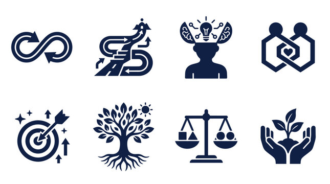 Eight Black and White Business Icons.
