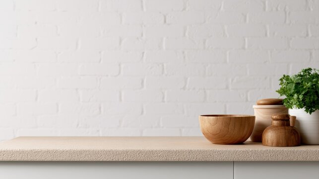 Minimal kitchen with sustainable items and empty space for text, sstkgreen