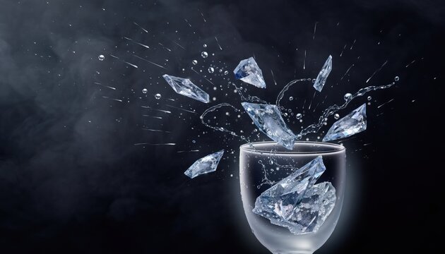 Sharp jagged ice cubes exploding from a clear glass with dynamic water splashes and droplets isolated on a dark background with atmospheric white smoke and vapor.