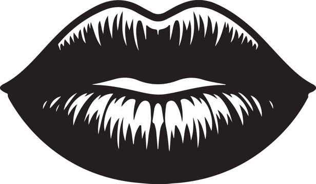 Stylized black lips with sharp teeth on white background, pop art graphic.