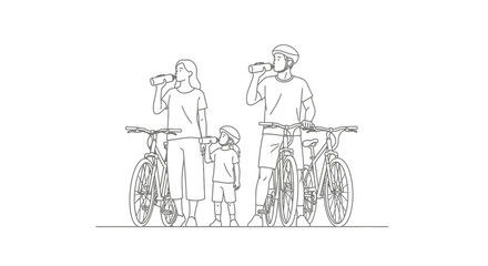 Fototapeta premium Family enjoying refreshing drinks while taking a break from cycling outdoors.
