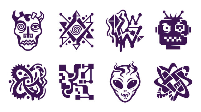 Collection of abstract alien robot faces.