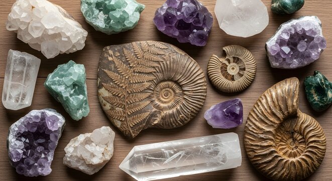 Collection of various natural crystals, minerals, and ancient ammonite fossils.