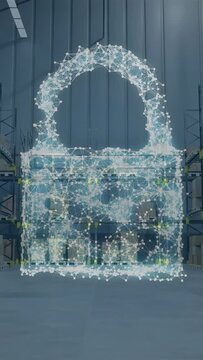 Vertical video: Particle cloud rising from floor, forming lock then morphing shield, securing goods