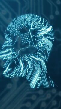 Vertical video: Neon-green beams sweeping right cyan circuit head emerging pulsing showing flow