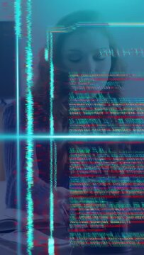 Vertical video: Woman studying with book, overlay glitching then showing code and grid for tech