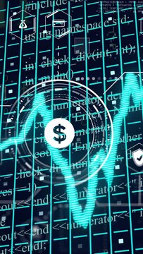 Vertical video: Teal line chart moving from left, HUD pulsing and rotating rings, showing gains