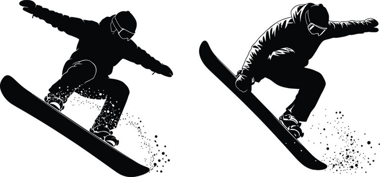 Two silhouettes of snowboarders jumping in the air doing tricks