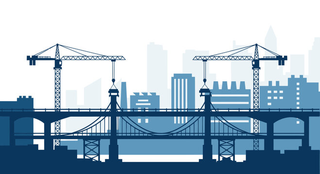 Bridge Construction with Cranes and City Skyline