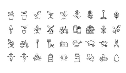 Fototapeta premium Minimal farming gardening line vector icon set agriculture plant and eco symbols