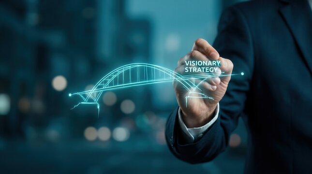Visionary strategy concept with businessman drawing digital bridge interface. Leadership planning, corporate innovation and business development.