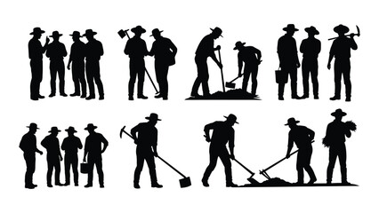 Naklejka premium Collection of farmer silhouettes working in the field with tools isolated on a white background silhouette high quality professional