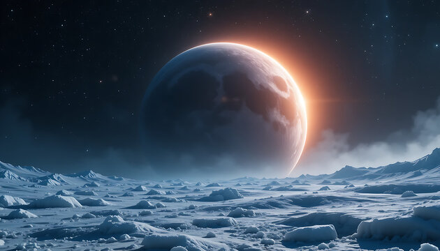 Planet with illuminated edge, icy surface, and starry night sky moon glowing edge frozen landscape
