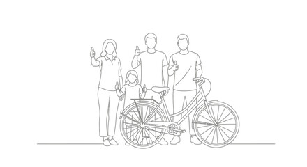 Fototapeta premium Family Posing Together with Bicycle in Line Art Style.