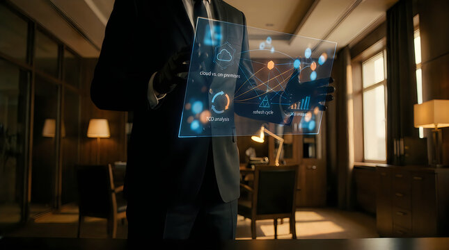 Expert analyzing cloud versus on premises cost model on hologram