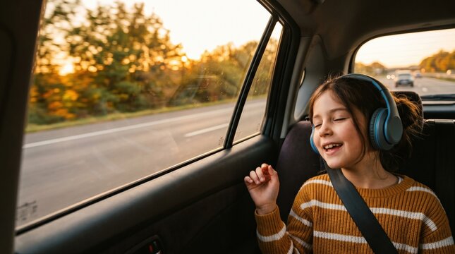 Happy girl in car wearing headphones, eyes closed, singing along to music while traveling on a sunny road trip