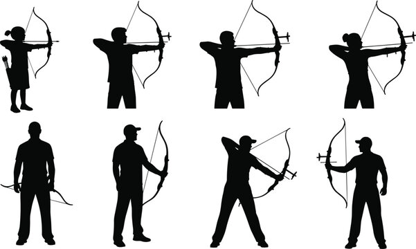 Archery sports with various archer silhouettes bow and arrow illustration on transparent background vector.