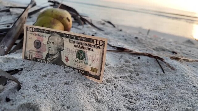 A video shows a twenty dollar bill half buried in sand