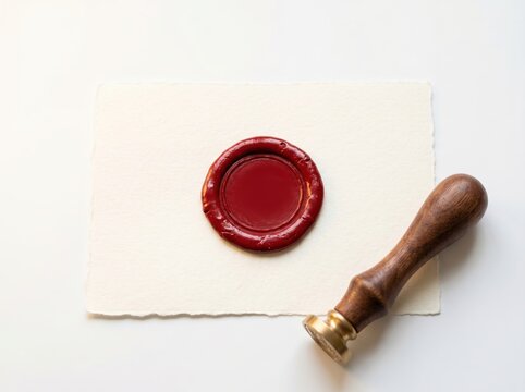 Red wax seal and stamp on paper with wooden handle