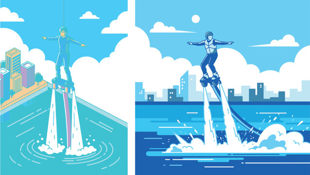 People riding flyboard water jet packs in the ocean near a city skyline