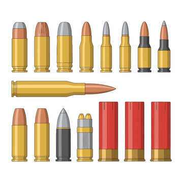 Ammunition collection assortment of bullets and shells isolated on white background