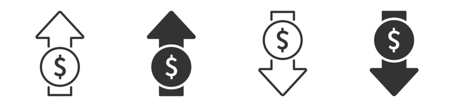Dollar Cost Rise and Fall Icon Set, Financial increase and decrease, money value fluctuation, pricing trends, profit and loss, currency analytics, and business finance vector icons.