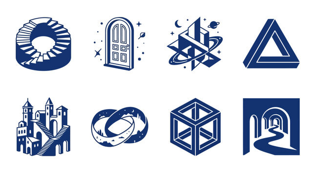 Geometric shapes and abstract symbols.