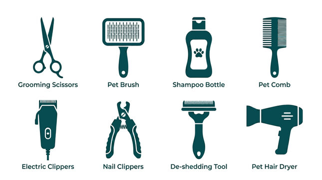 Pet grooming tools and equipment set.